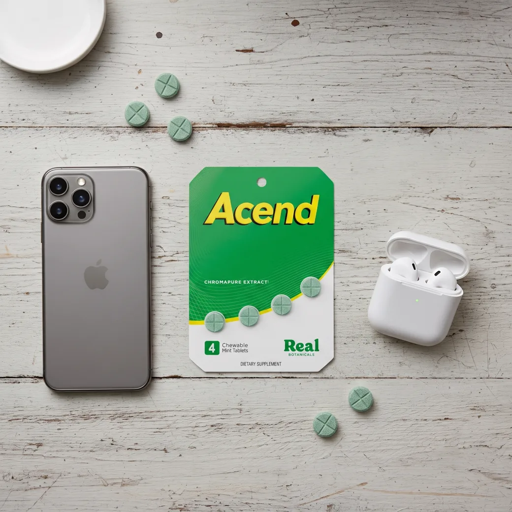 Acend chewable mint tablets on a table with phone and earbuds